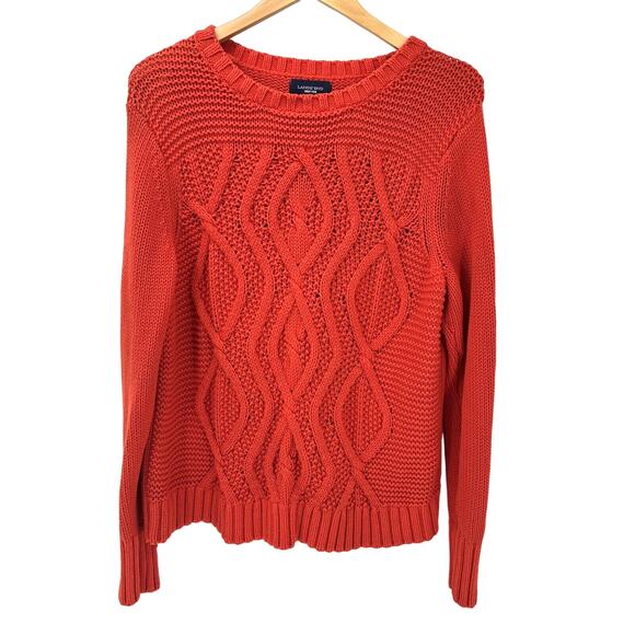 Lands End Sweater Womens Large THE DRIFTER Cable Knit Orange Fisherman Pullover - Picture 1 of 5
